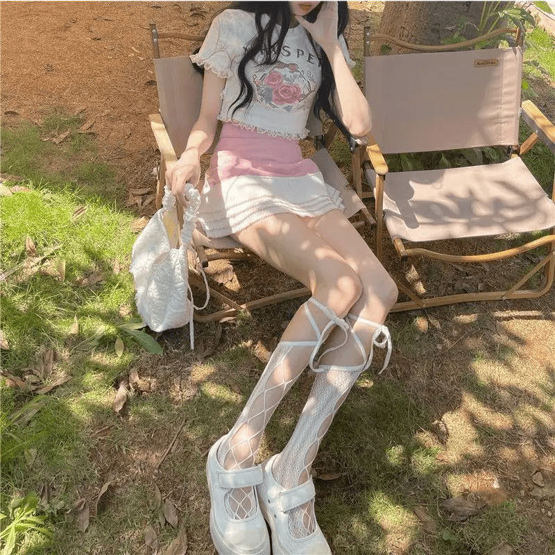 Lace Trimmed Whisper Crop Top with Baby Bunny and Roses Design - Cosparty