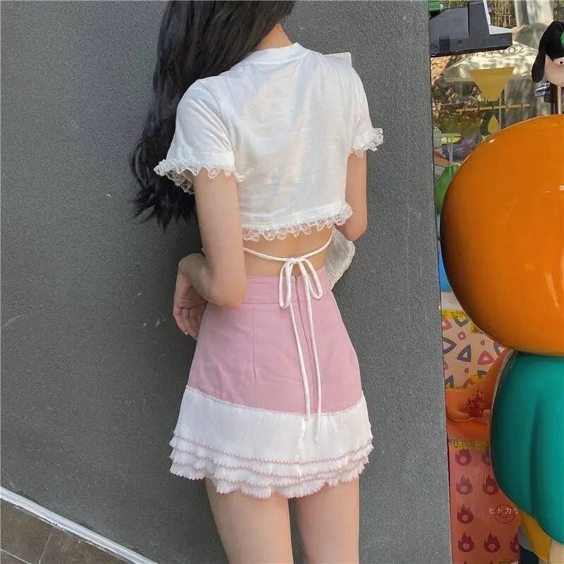 Lace Trimmed Whisper Crop Top with Baby Bunny and Roses Design - Cosparty