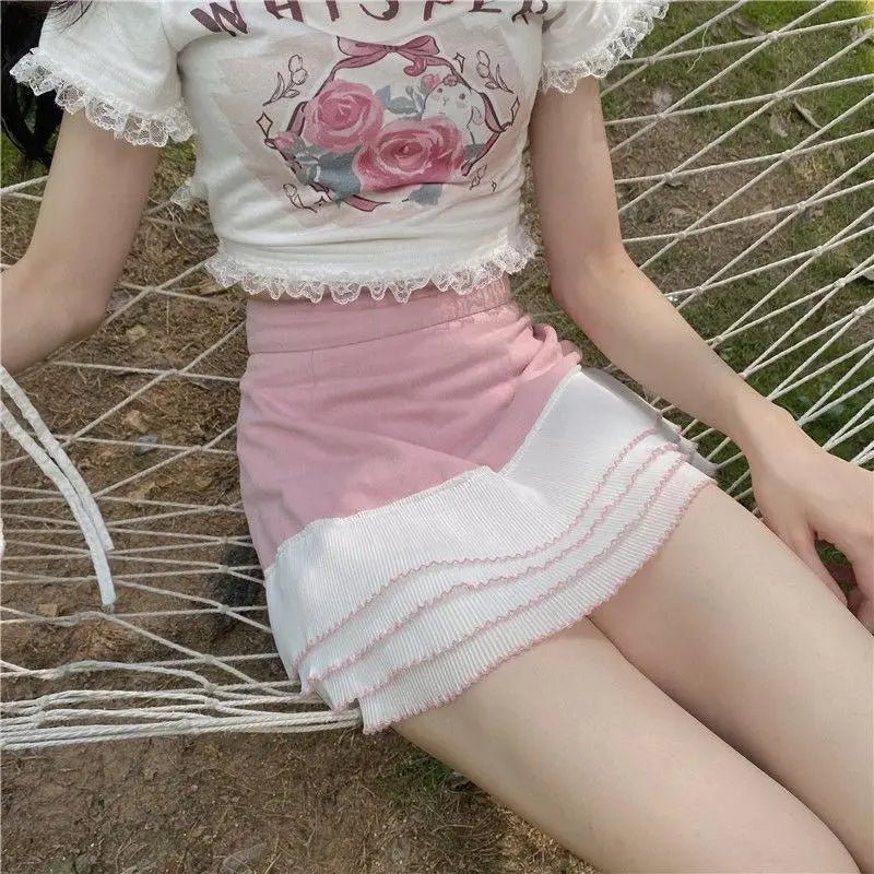 Lace Trimmed Whisper Crop Top with Baby Bunny and Roses Design - Cosparty