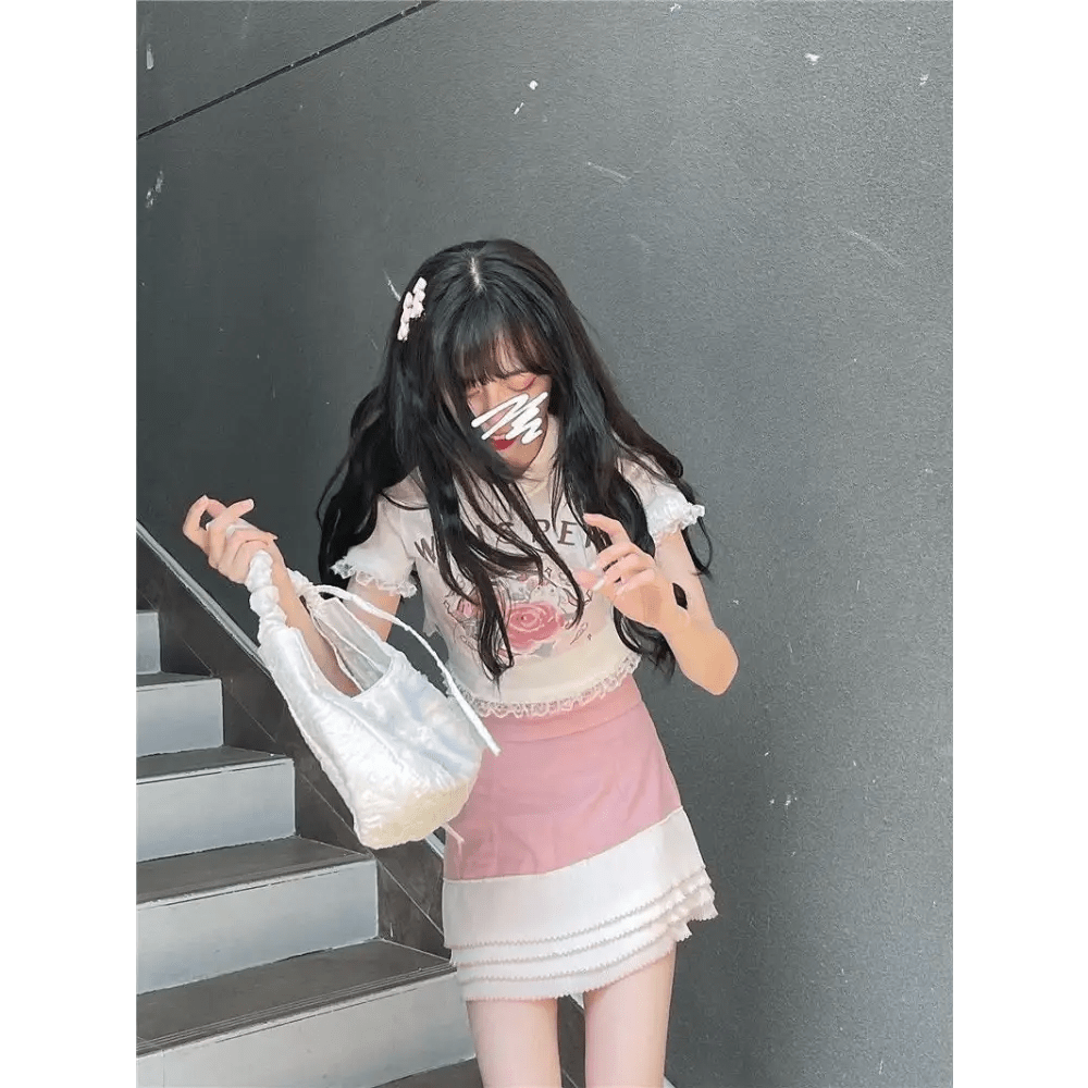 Lace Trimmed Whisper Crop Top with Baby Bunny and Roses Design - Cosparty