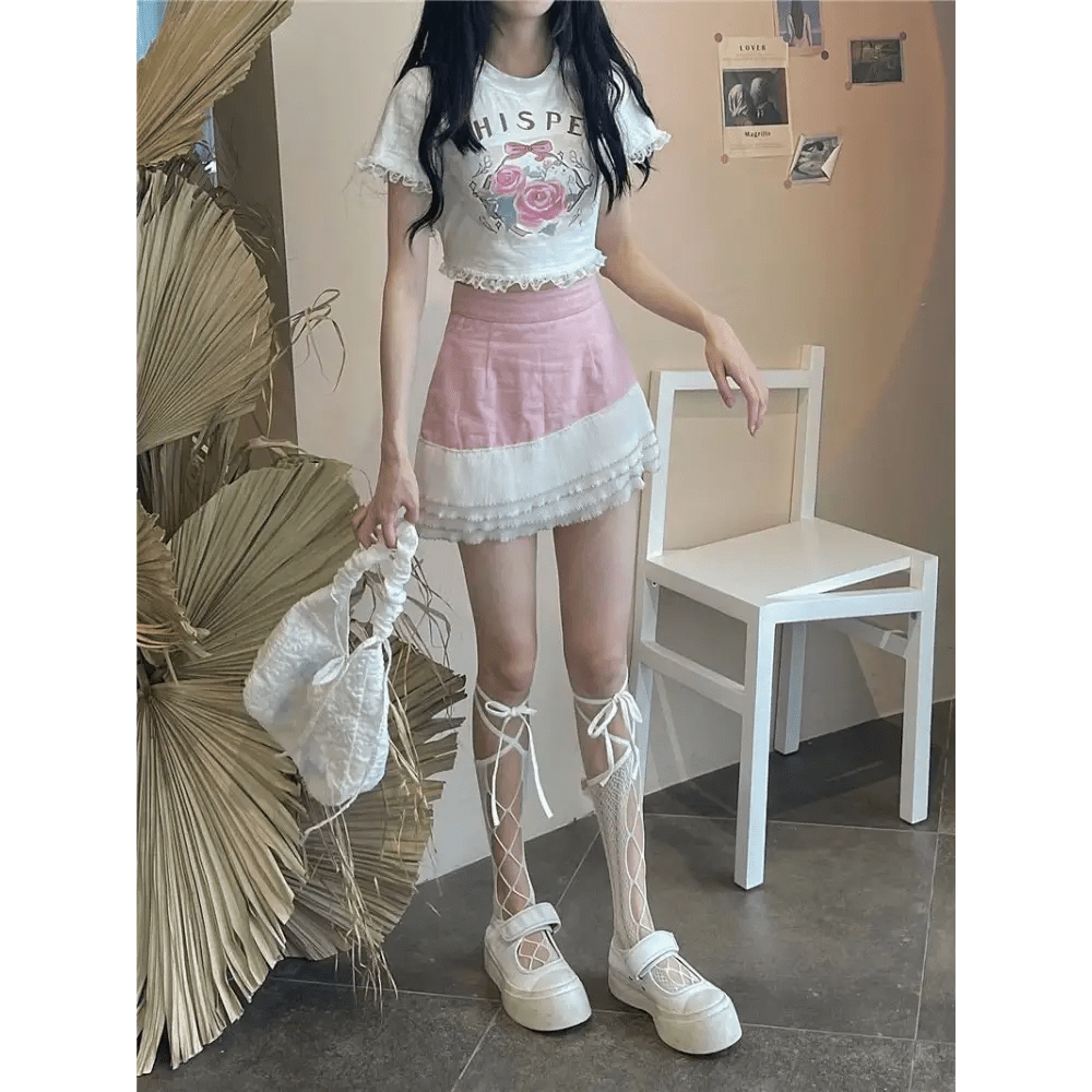 Lace Trimmed Whisper Crop Top with Baby Bunny and Roses Design - Cosparty