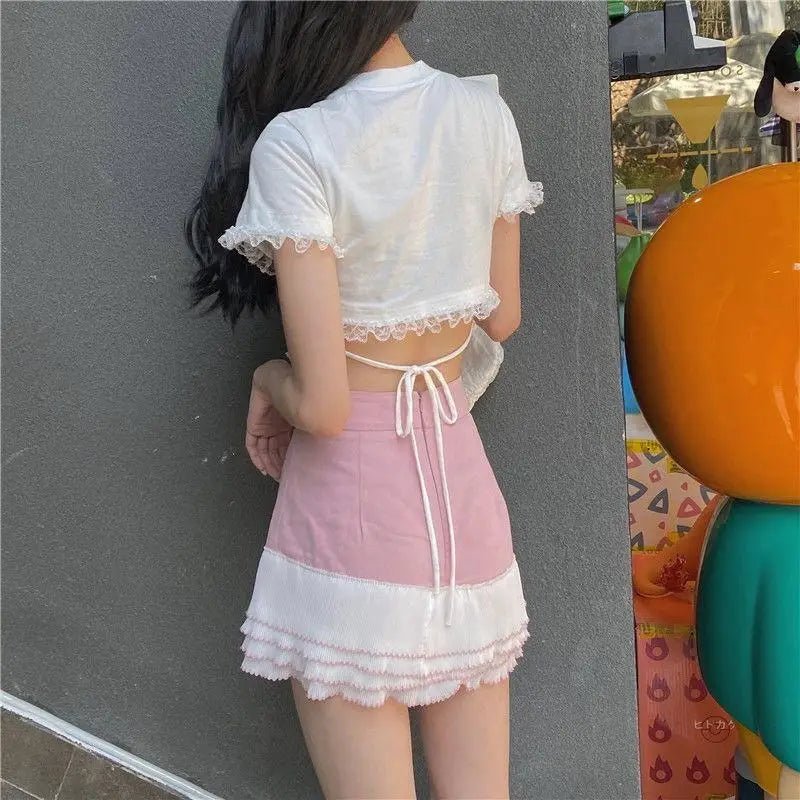 Lace Trimmed Whisper Crop Top with Baby Bunny and Roses Design - Cosparty