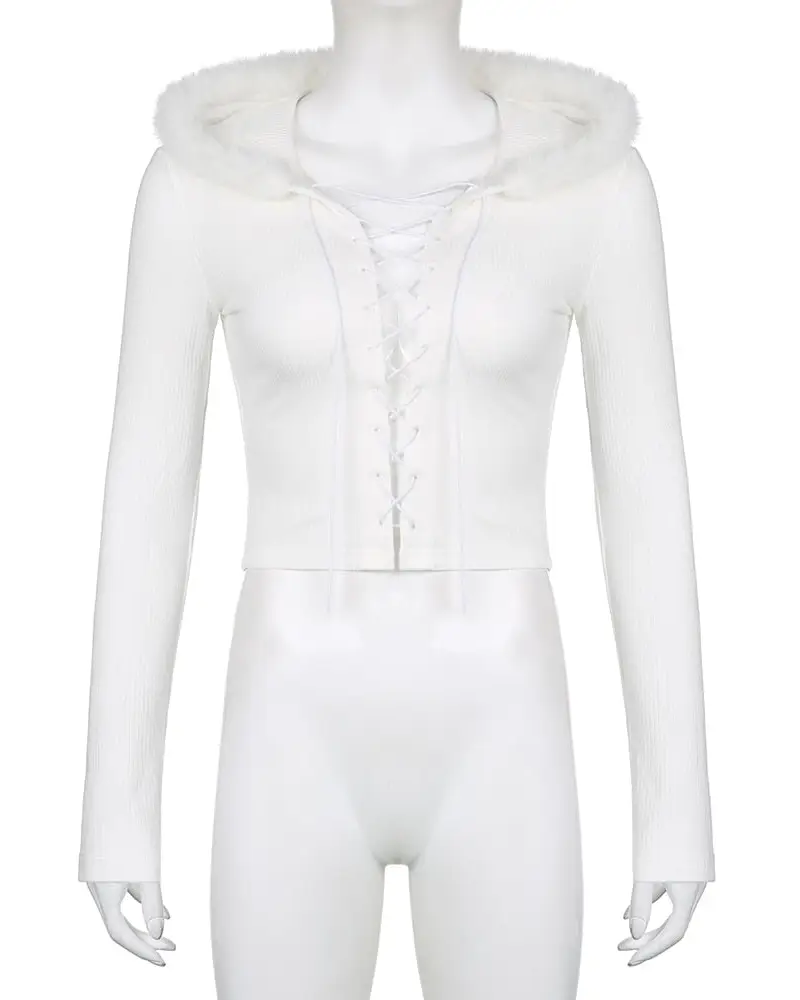 Lace Up Fur Hooded Cardigan in Striped Cable Knit Fabric - sweater