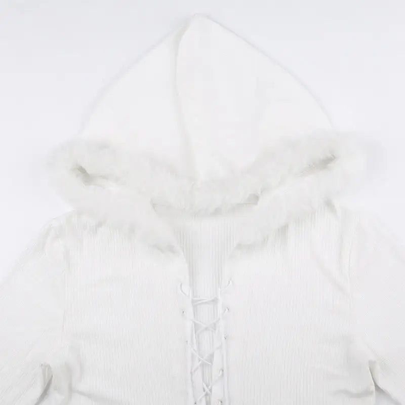 Lace Up Fur Hooded Cardigan in Striped Cable Knit Fabric - Cosparty
