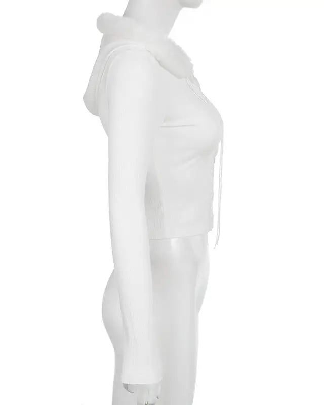 Lace Up Fur Hooded Cardigan in Striped Cable Knit Fabric - sweater