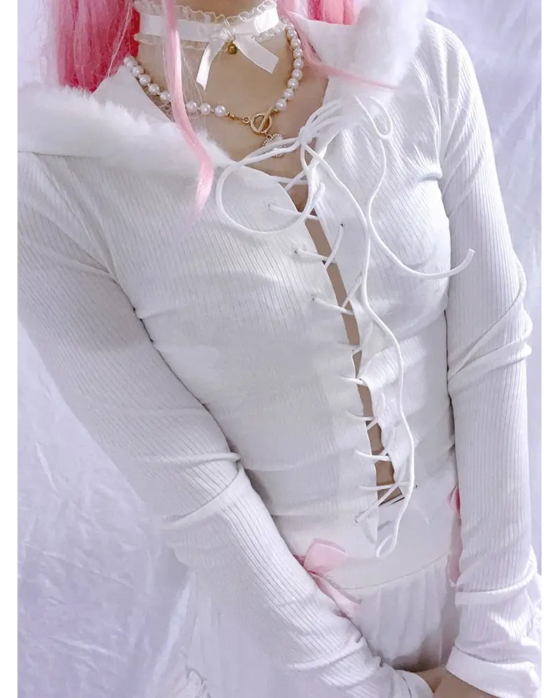 Lace Up Fur Hooded Cardigan - coquette, dollette, fae, faecore, fairycore Cosparty