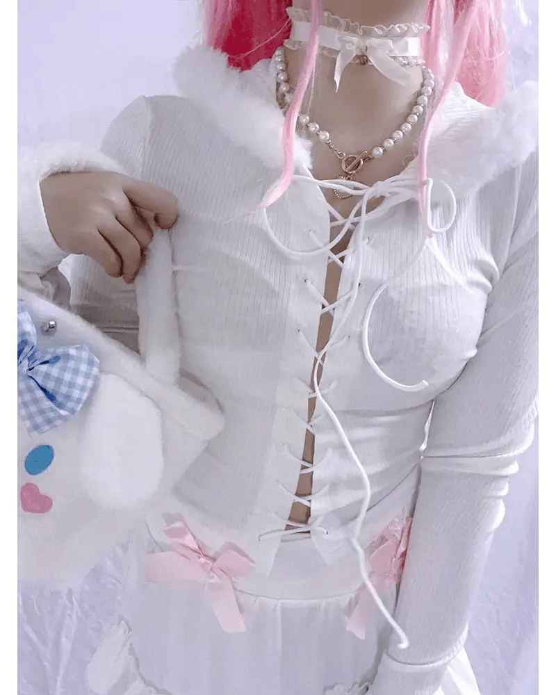 Lace Up Fur Hooded Cardigan in Striped Cable Knit Fabric - Cosparty