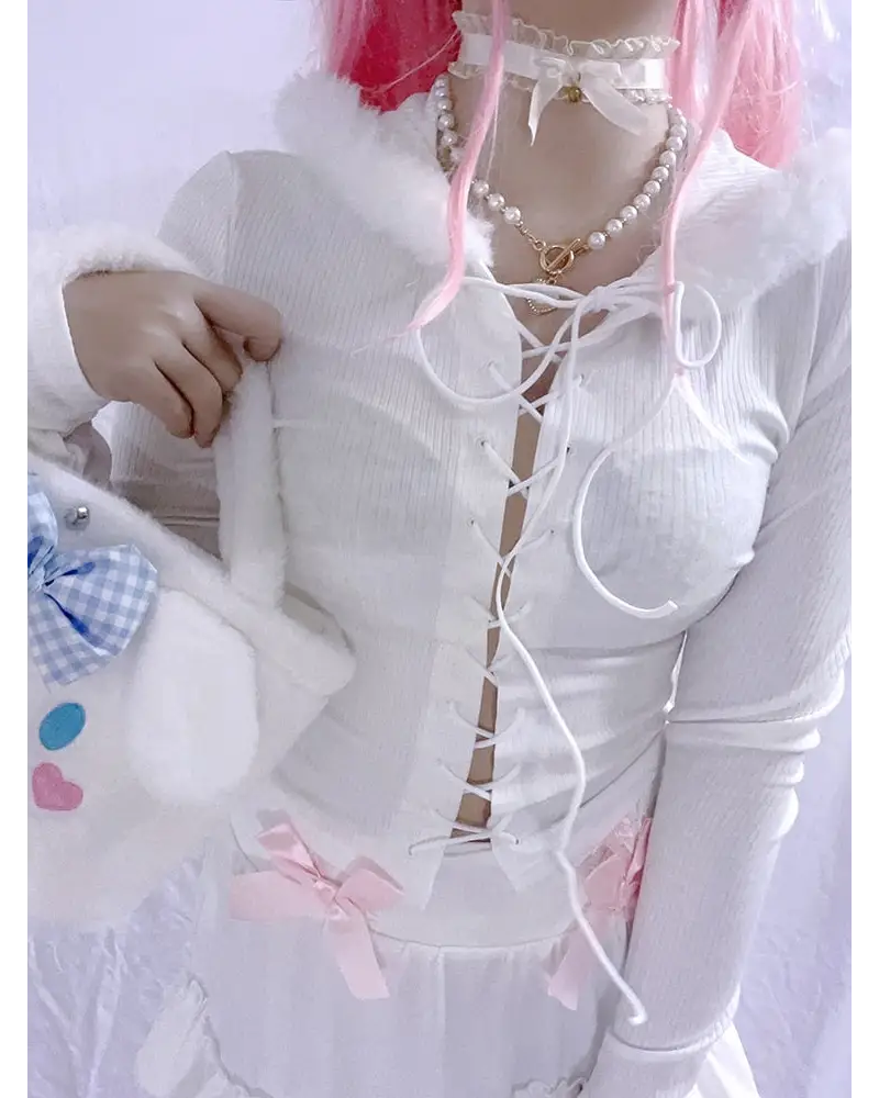 Lace Up Fur Hooded Cardigan in Striped Cable Knit Fabric - sweater