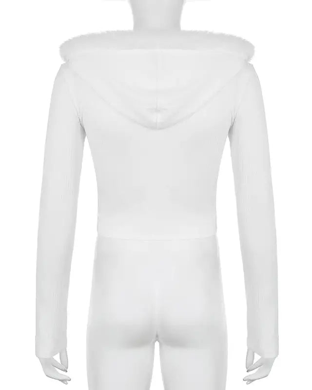 Lace Up Fur Hooded Cardigan in Striped Cable Knit Fabric - sweater