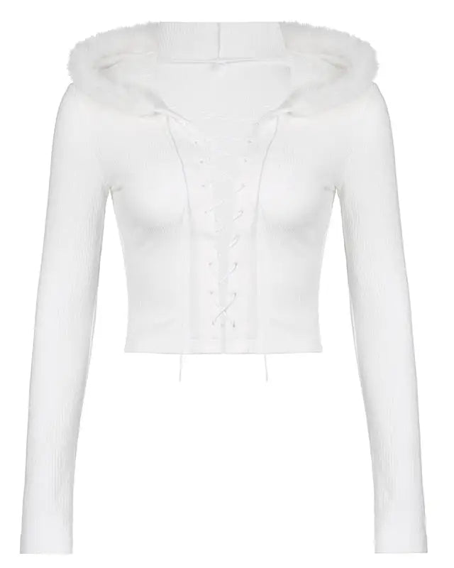 Lace Up Fur Hooded Cardigan in Striped Cable Knit Fabric - sweater