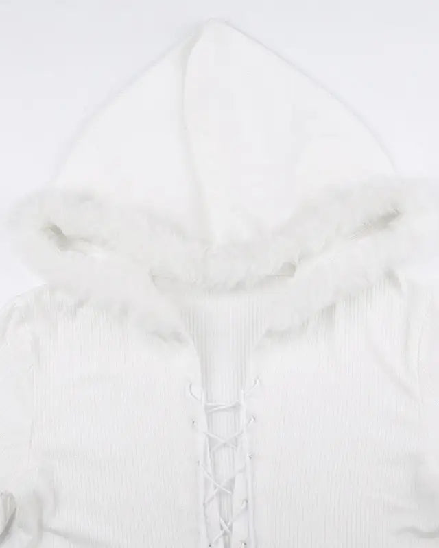 Lace Up Fur Hooded Cardigan in Striped Cable Knit Fabric - sweater