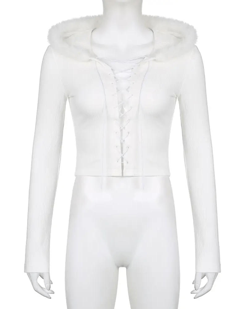 Lace Up Fur Hooded Cardigan in Striped Cable Knit Fabric - Cosparty