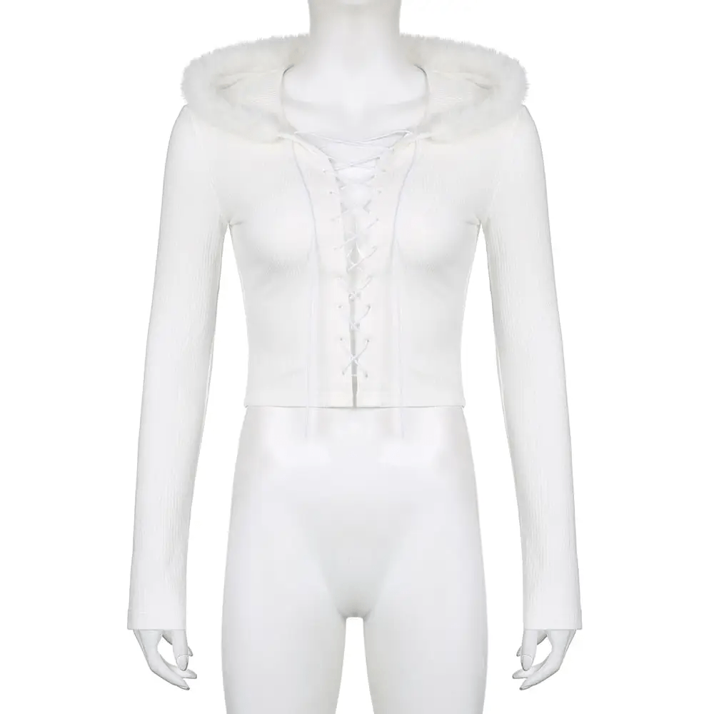 Lace Up Fur Hooded Cardigan in Striped Cable Knit Fabric - Cosparty