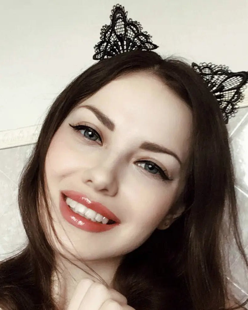 Lacy Cat Ear Headband with Black Lace Embellishments - Cosparty