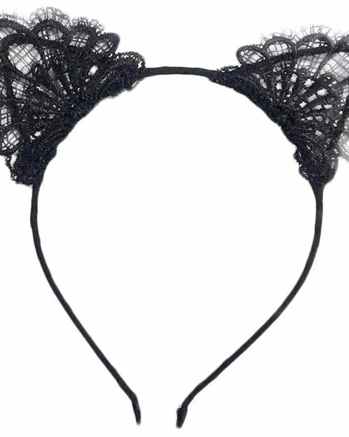 Lacy Cat Ear Headband with Black Lace Embellishments - Cosparty
