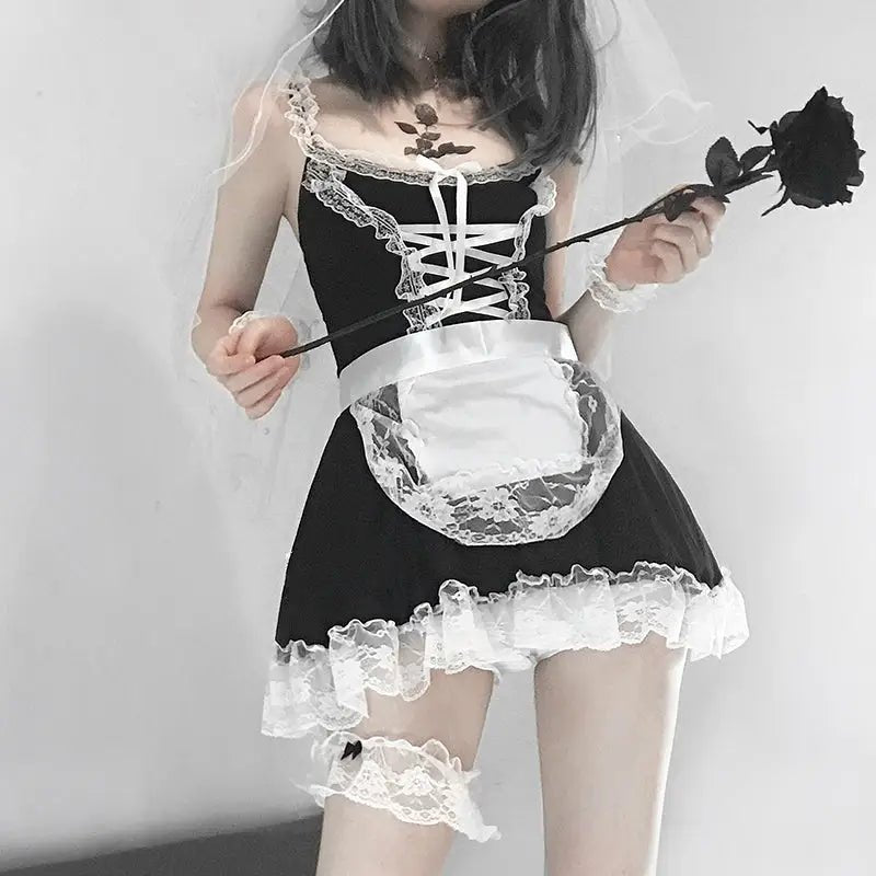 Lacy French Maid Inspired Dress with Matching Accessories - Cosparty