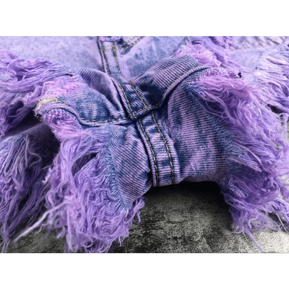 Lavender High Waisted Distressed Denim Shorts with Lace - Up Sides - Cosparty
