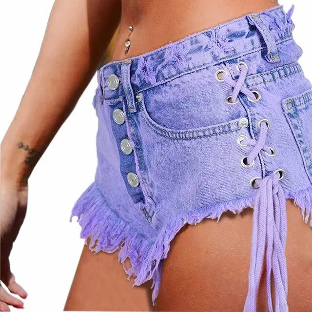 Lavender High Waisted Distressed Denim Shorts with Lace - Up Sides - Cosparty
