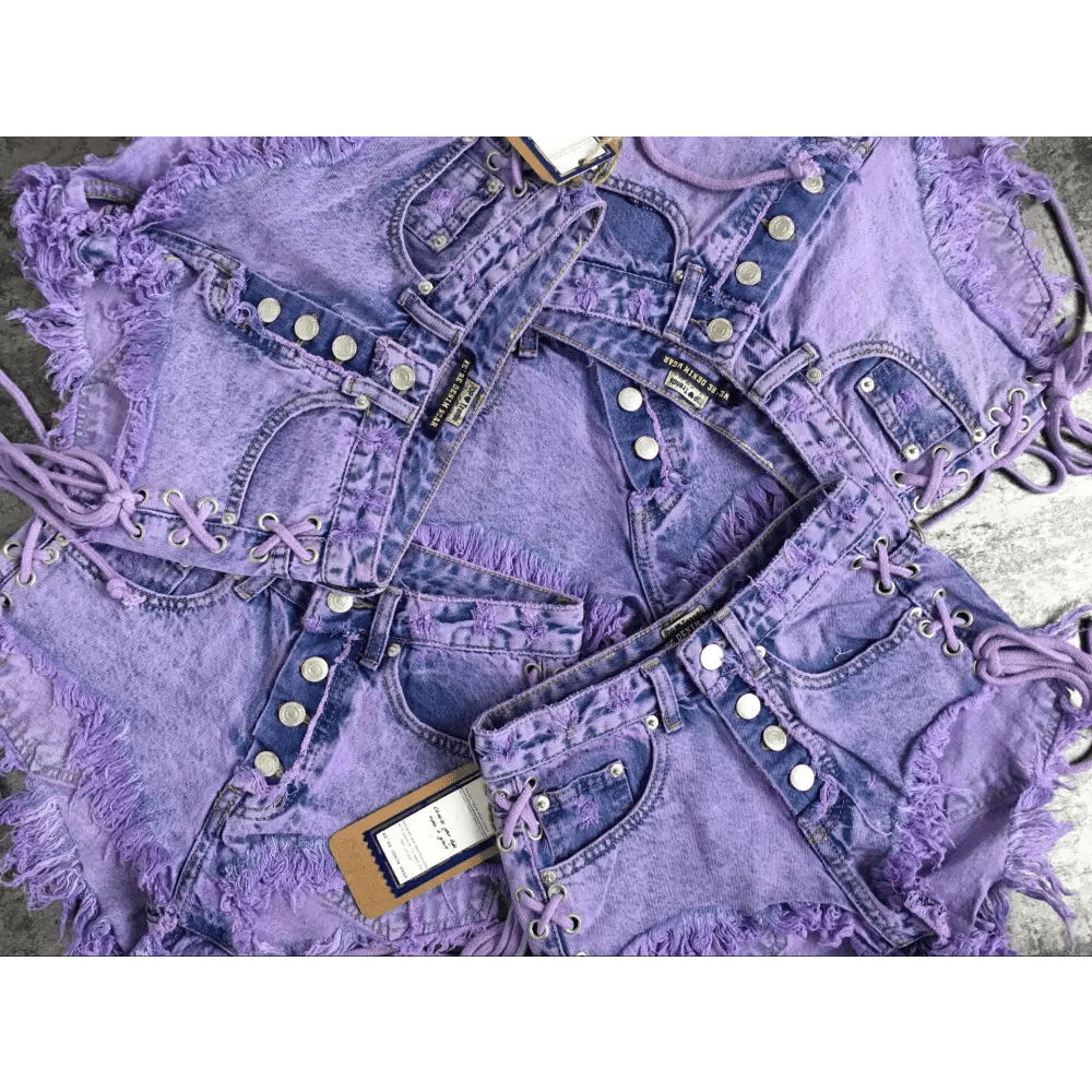 Lavender High Waisted Distressed Denim Shorts with Lace - Up Sides - Cosparty