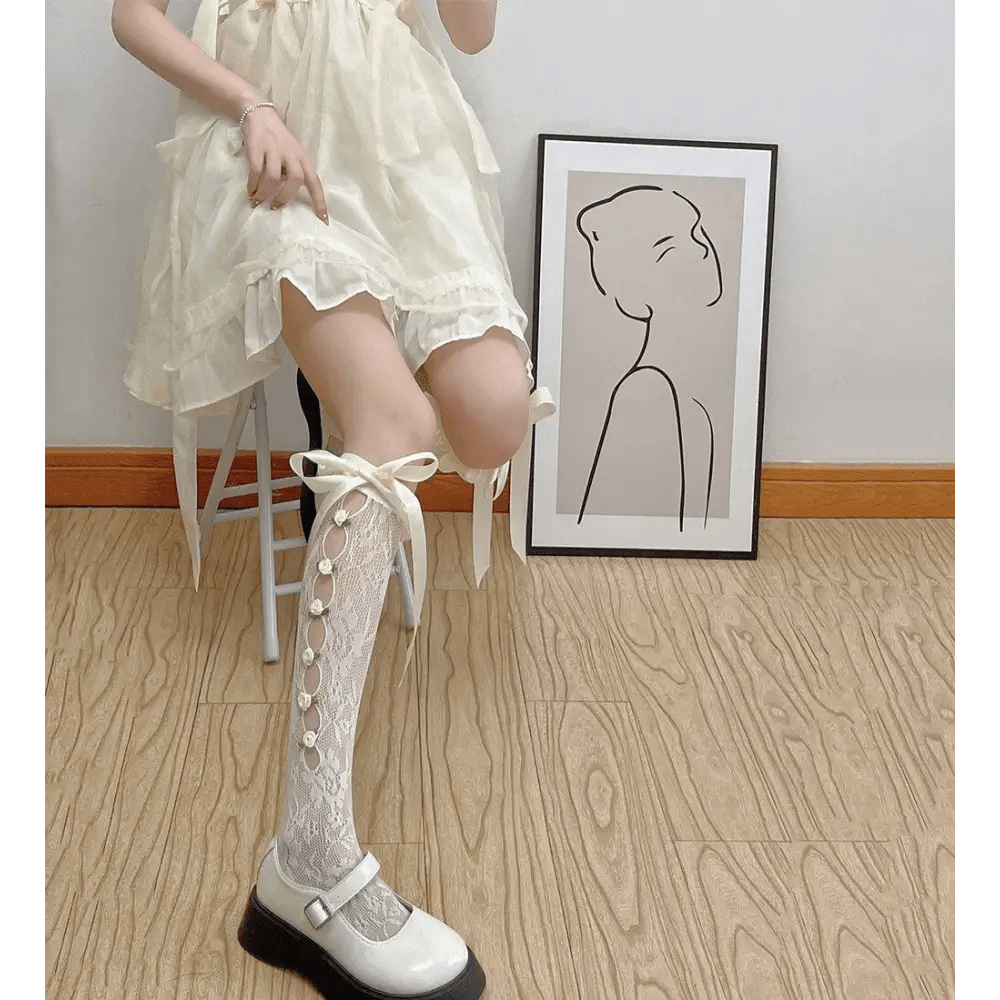 Lolita Lace Ribbon Rosebud Stockings in Black or White - Cosparty