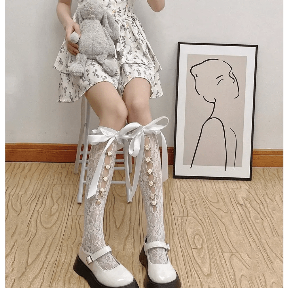 Lolita Lace Ribbon Rosebud Stockings in Black or White - Cosparty