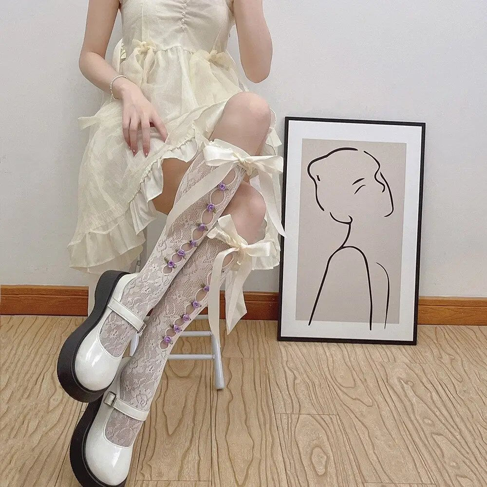 Lolita Lace Ribbon Rosebud Stockings in Black or White - Cosparty