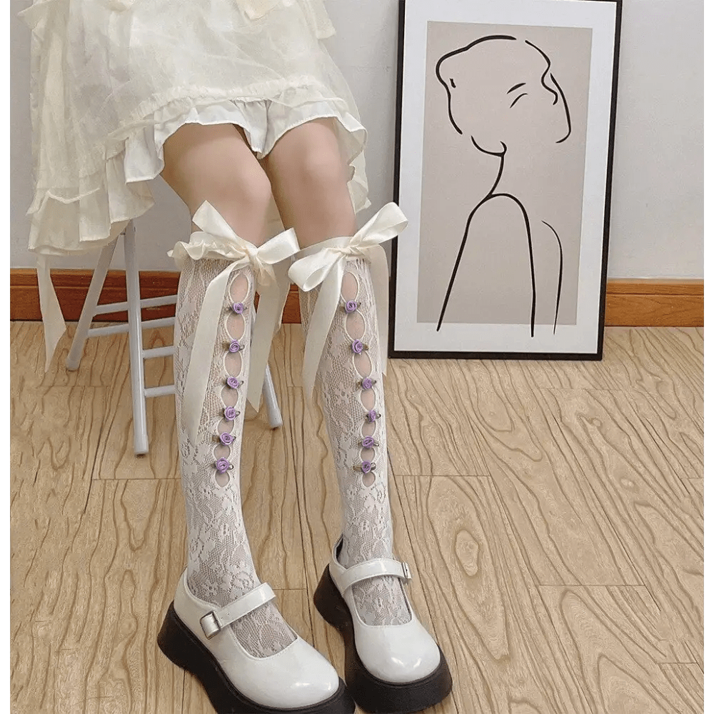 Lolita Lace Ribbon Rosebud Stockings in Black or White - Cosparty