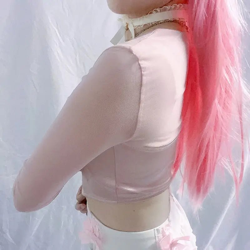 Long Sleeve Satin Bustier Crop Top for Angelcore and Fairycore - Cosparty