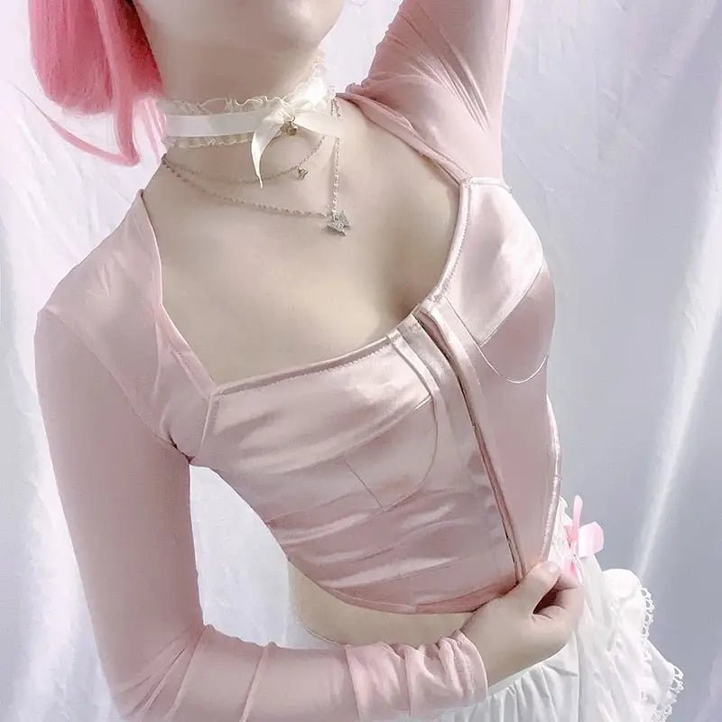 Long Sleeve Satin Bustier Crop Top for Angelcore and Fairycore - Cosparty