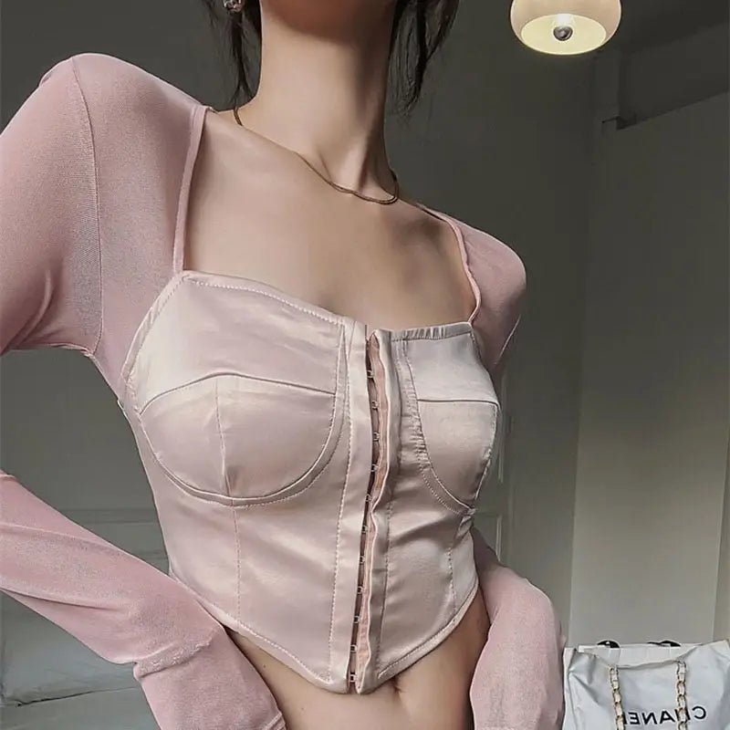 Long Sleeve Satin Bustier Crop Top for Angelcore and Fairycore - Cosparty