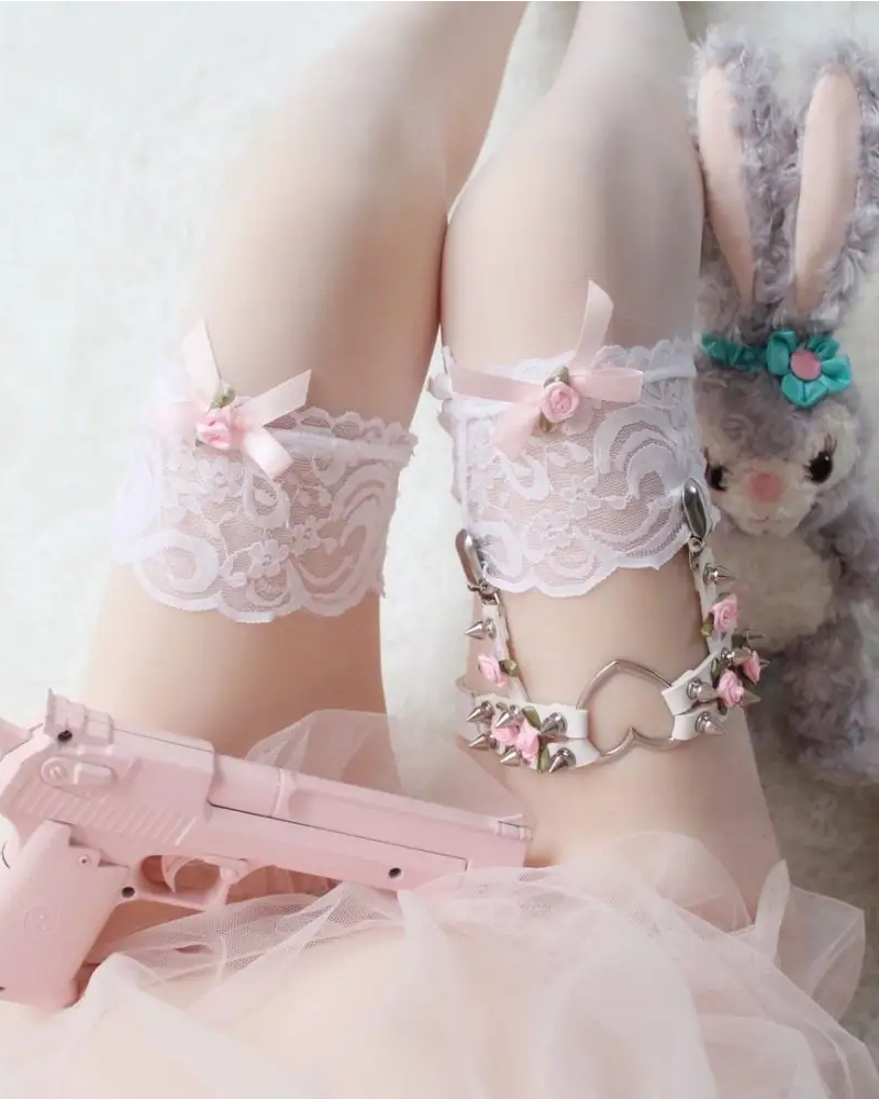 Luxurious Babygirl Stockings with Satin Silk Bow Details - White With bow - thigh highs