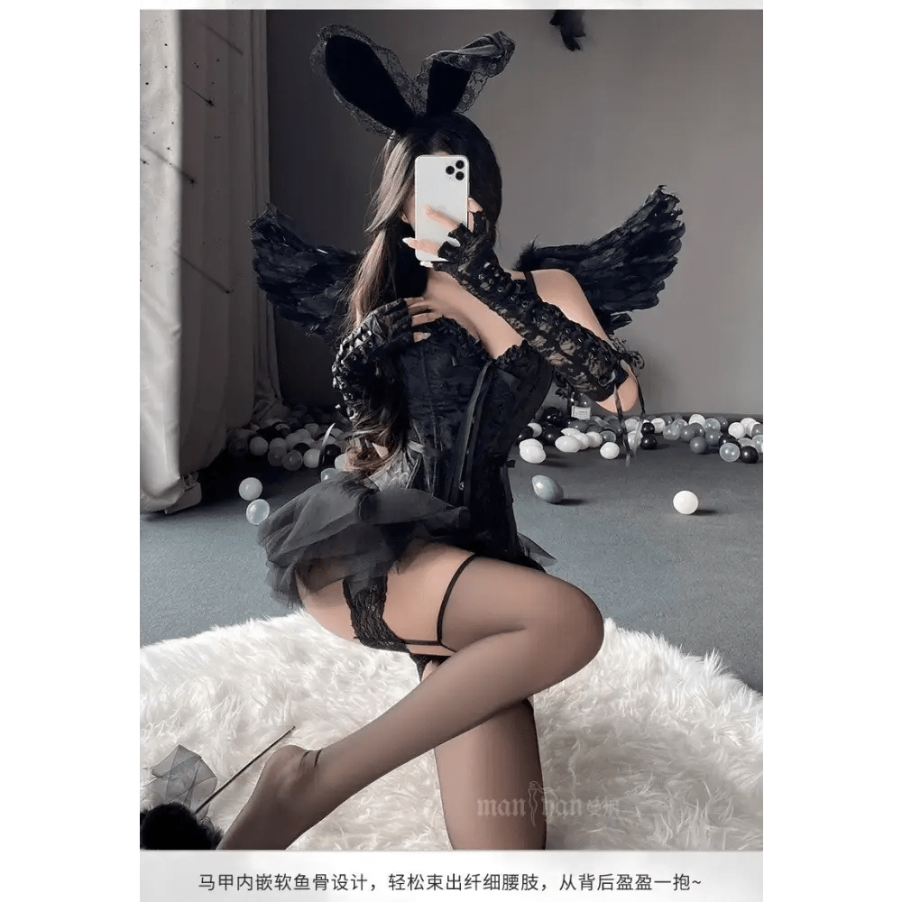 Luxurious Dark Angel Corset Lingerie Set with Tutu and Silk Ribbons - Cosparty