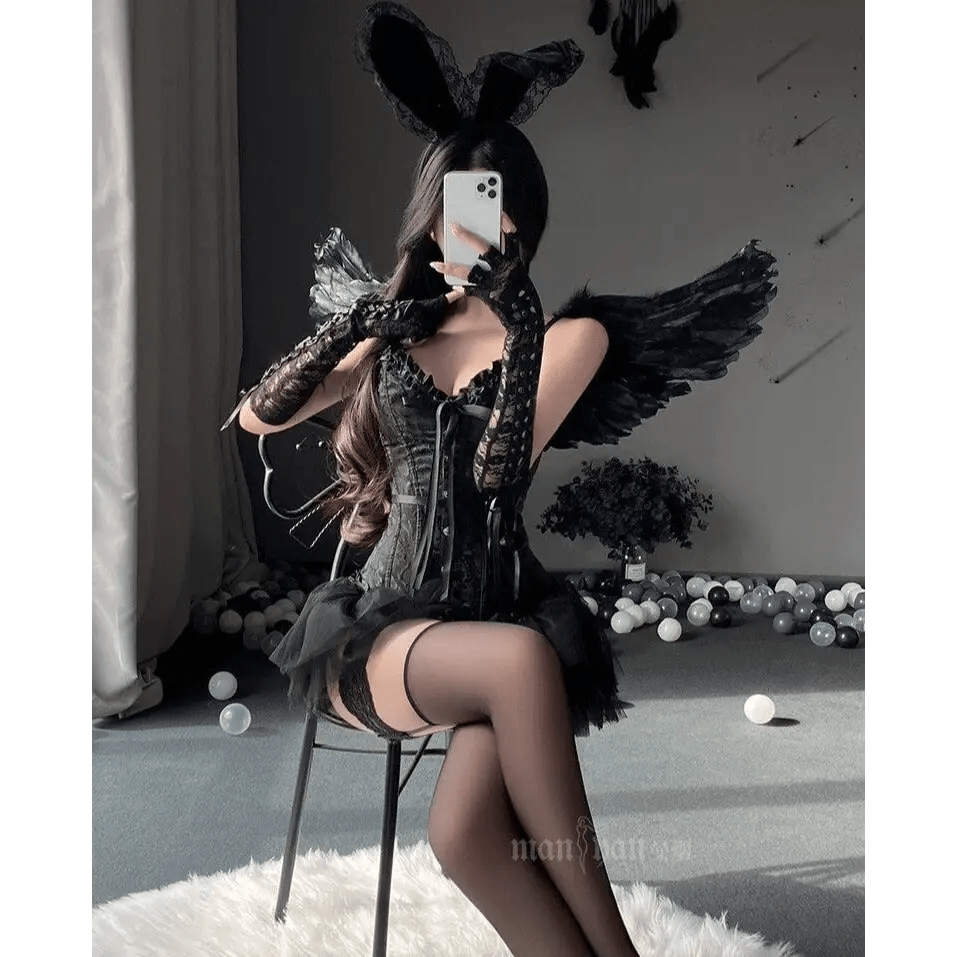 Luxurious Dark Angel Corset Lingerie Set with Tutu and Silk Ribbons - Cosparty