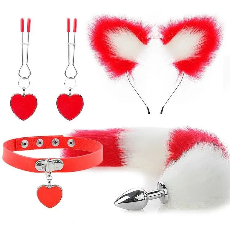 Luxurious Fox Cat Tail Plug Set with Ear Headband and Fuzzy Collar - Cosparty