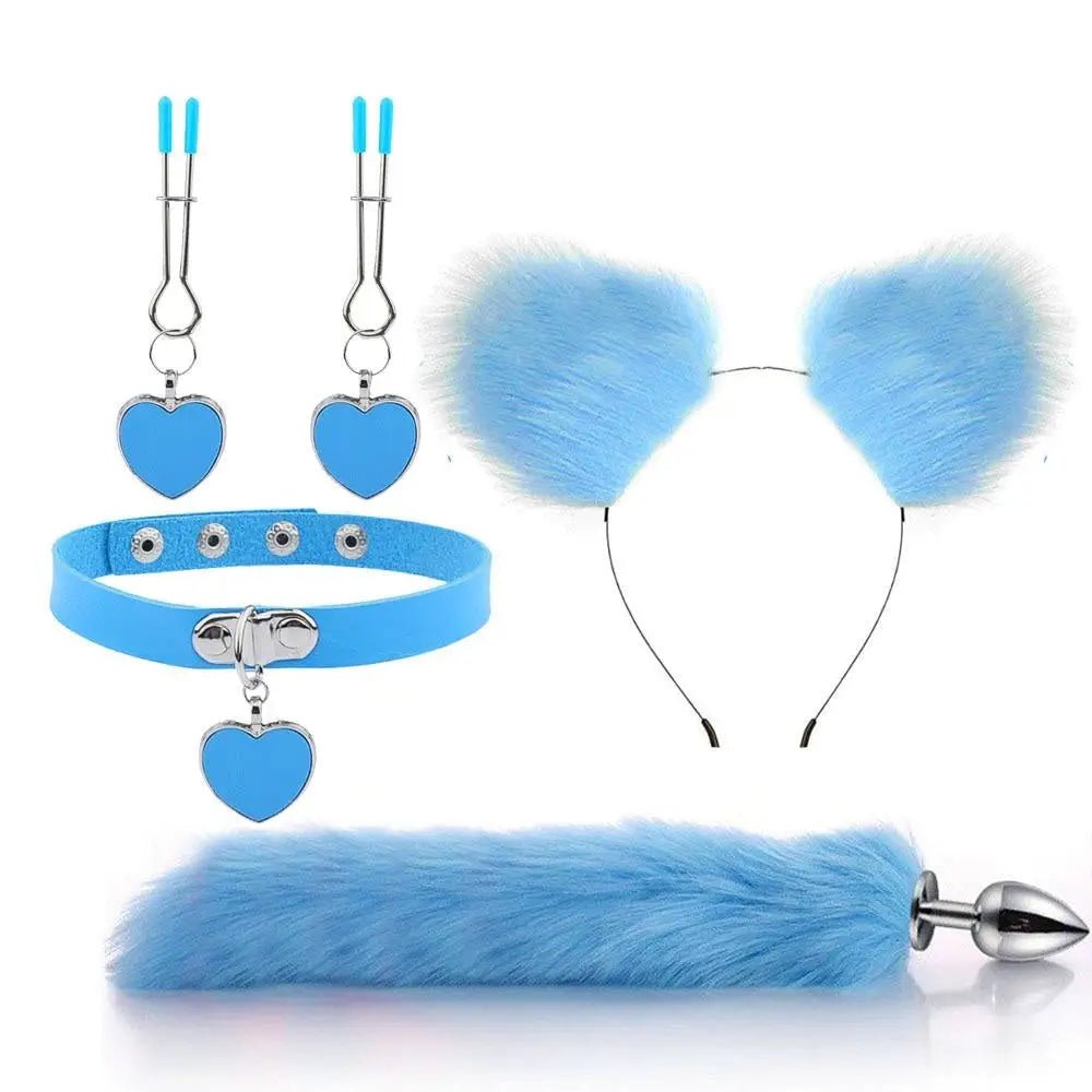 Luxurious Fox Cat Tail Plug Set with Ear Headband and Fuzzy Collar - Cosparty