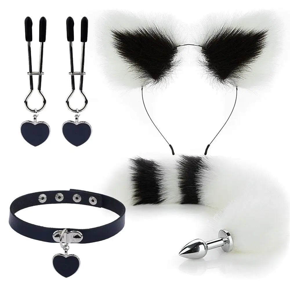 Luxurious Fox Cat Tail Plug Set with Ear Headband and Fuzzy Collar - Cosparty