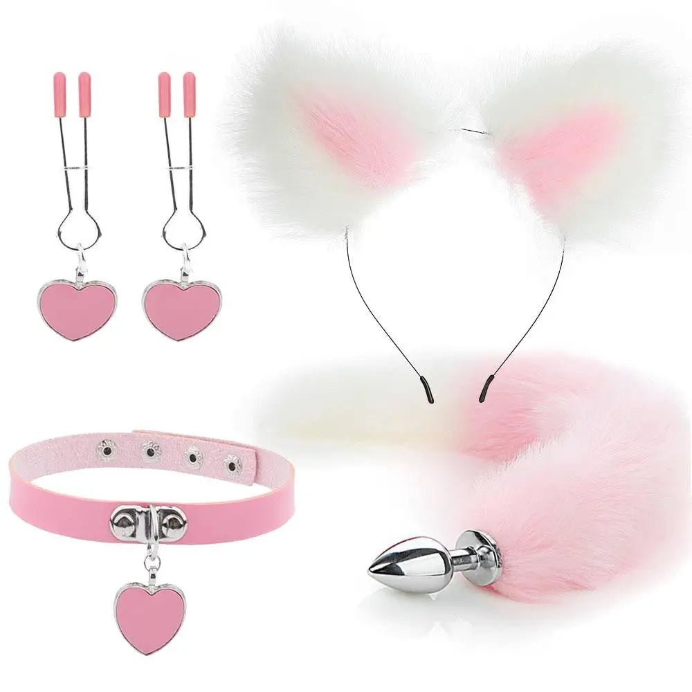Luxurious Fox Cat Tail Plug Set with Ear Headband and Fuzzy Collar - Cosparty