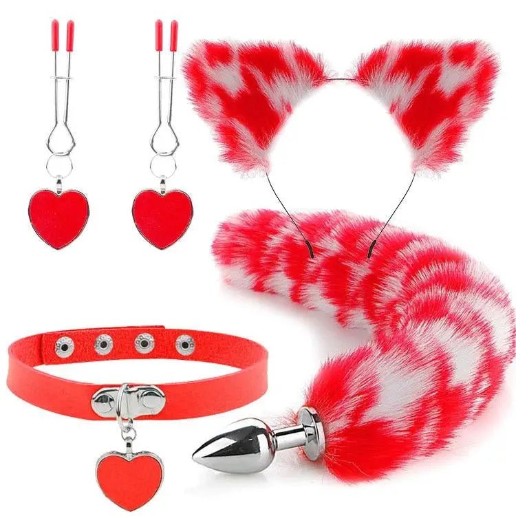 Luxurious Fox Cat Tail Plug Set with Ear Headband and Fuzzy Collar - Cosparty