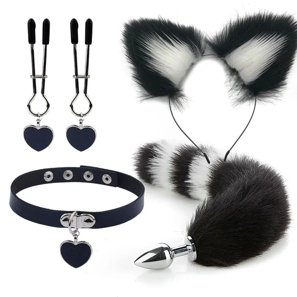 Luxurious Fox Cat Tail Plug Set with Ear Headband and Fuzzy Collar - Cosparty