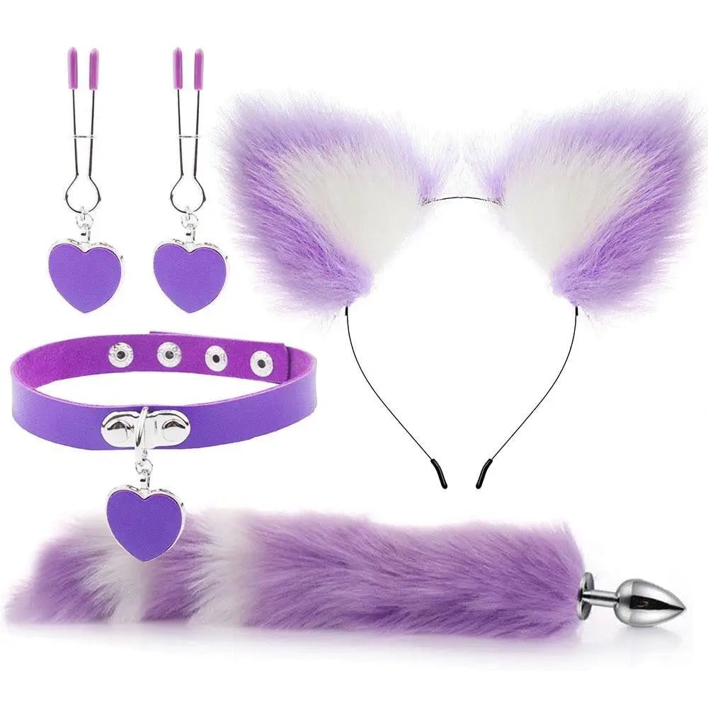 Luxurious Fox Cat Tail Plug Set with Ear Headband and Fuzzy Collar - Cosparty