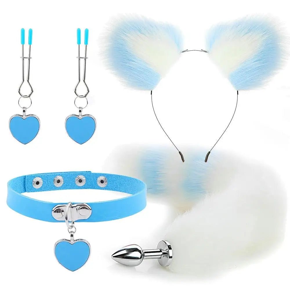 Luxurious Fox Cat Tail Plug Set with Ear Headband and Fuzzy Collar - Cosparty
