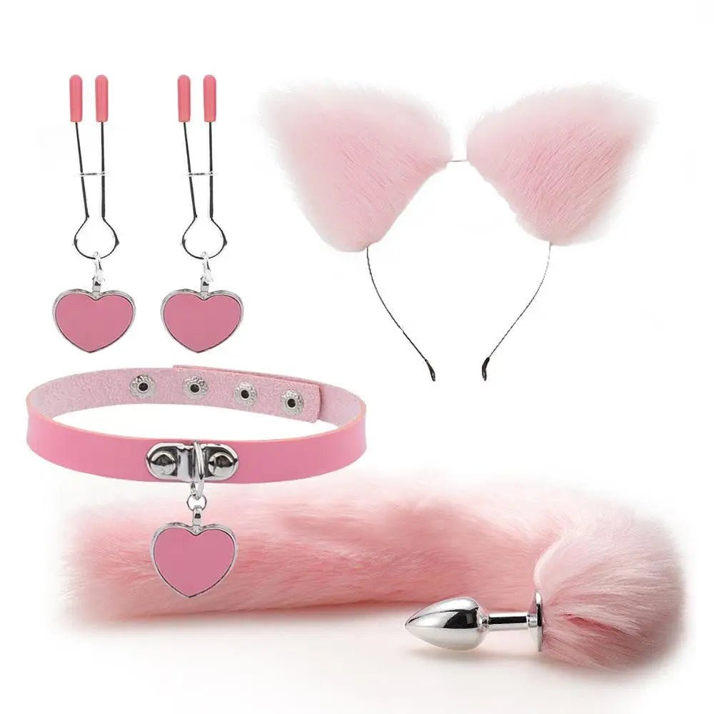 Luxurious Fox Cat Tail Plug Set with Ear Headband and Fuzzy Collar - Cosparty