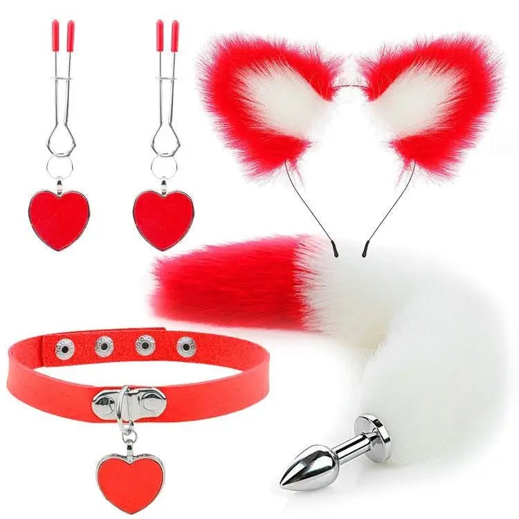 Luxurious Fox Cat Tail Plug Set with Ear Headband and Fuzzy Collar - Cosparty