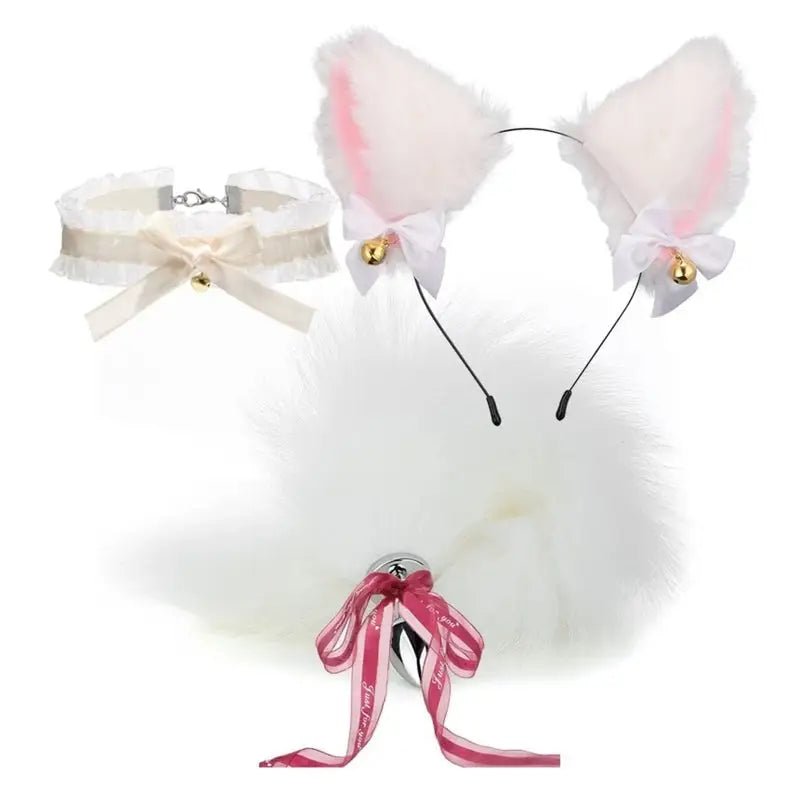 Luxurious Fox Cat Tail Set with Ear Headband and Lace Collar - Cosparty
