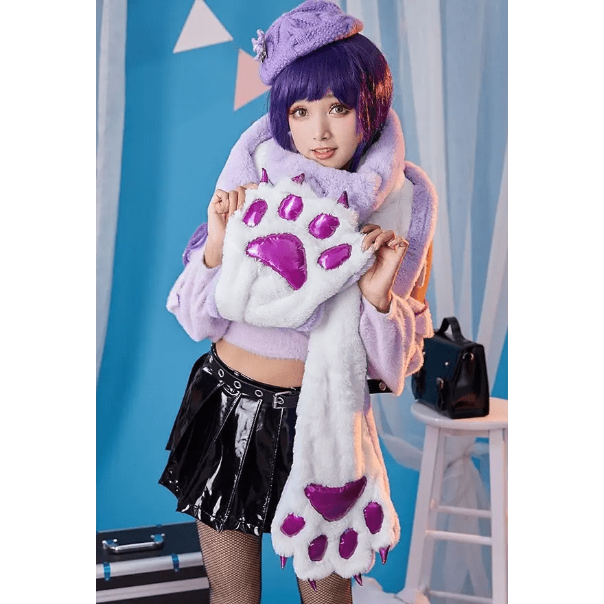 Luxurious Holographic Purple Paw Print Plush Scarf for Kawaii Kittens - Cosparty