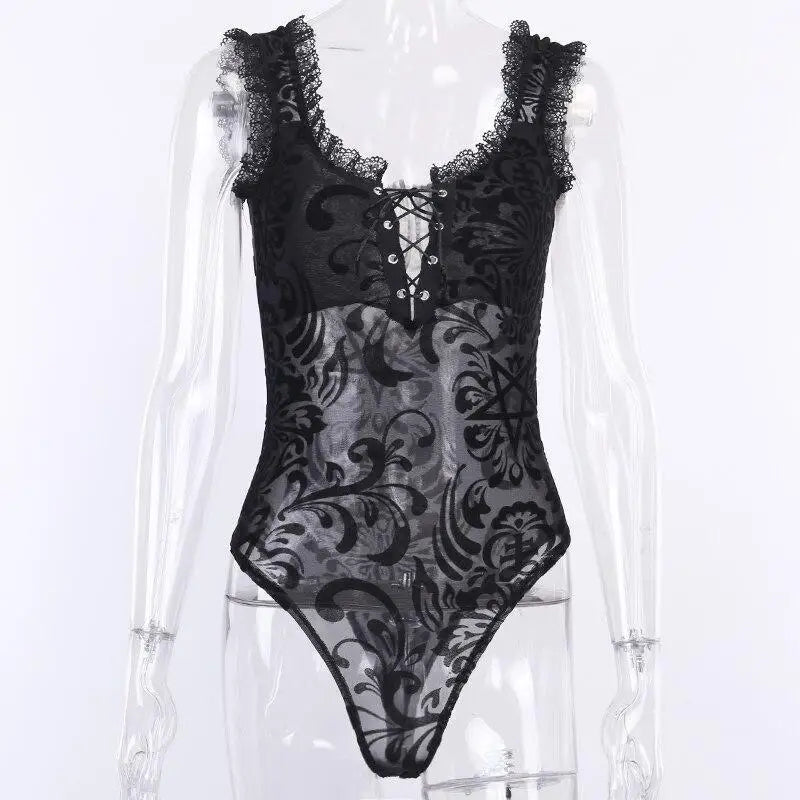 Luxurious Jet Black Goth Bodysuit with Victorian Sheer Detail - Cosparty
