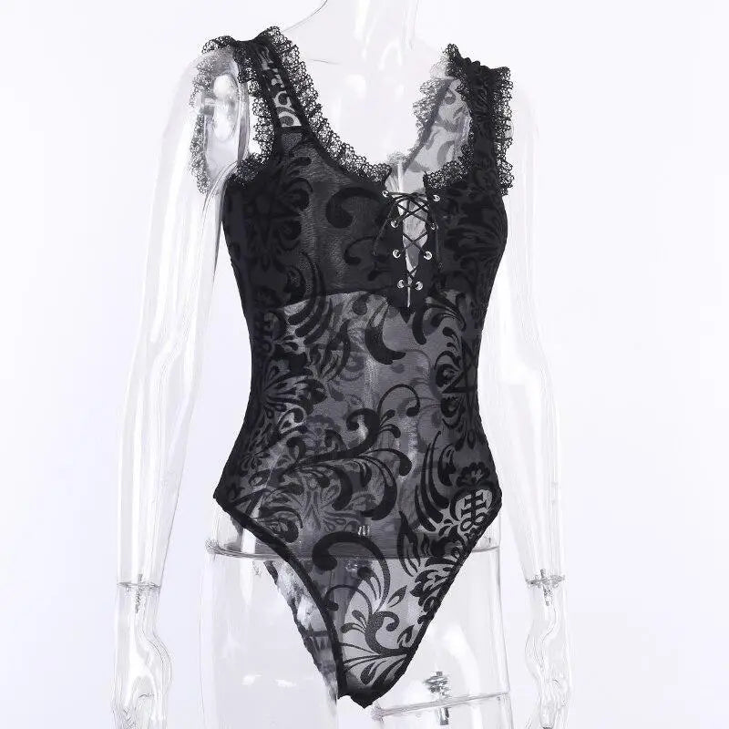 Luxurious Jet Black Goth Bodysuit with Victorian Sheer Detail - Cosparty