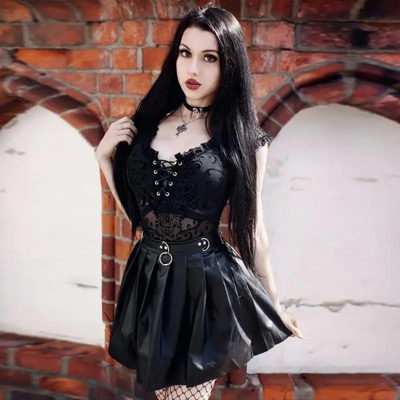 Luxurious Jet Black Goth Bodysuit with Victorian Sheer Detail - Cosparty