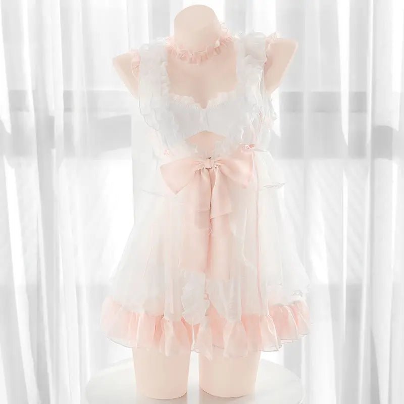 Luxurious Pink and White Chiffon Lingerie Dress - Cosparty