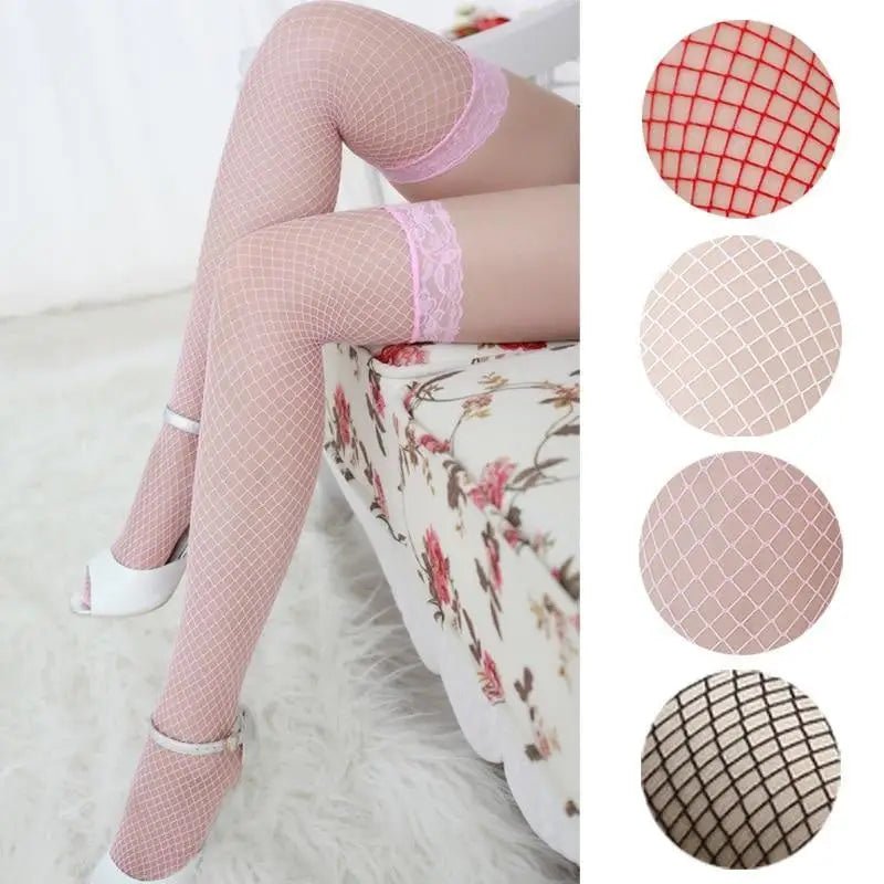 Luxurious Pink Fishnet Stockings with Lace Garter Details - Cosparty